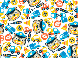 Obraz premium seamless pattern vector with funny cop head cartoon, including vehicles, traffic signs.