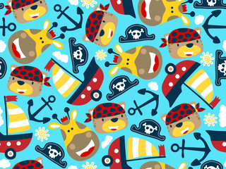 seamless pattern with funny animals head cartoon with sailboat, anchor, pirate hat.