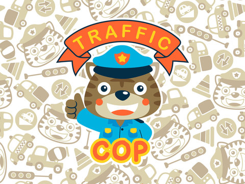 Tiger the funny traffic cop on seamless pattern background, including cars, traffic sign, tiger head.