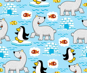 seamless pattern vector with polar bear and penguin cartoon
