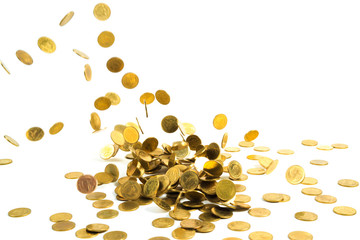 Falling gold coins money isolated on the white background, business money and finance concept.