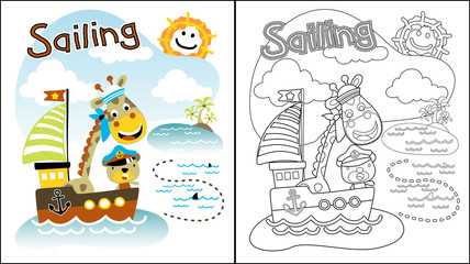 Vector illustration of sailing with animals cartoon, coloring book or page