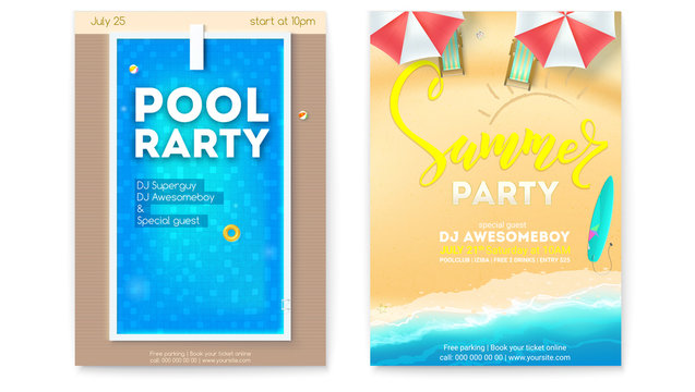 Set of posters for summer parties. Invitation for pool party and beach summer party. Top view on pool, seaside, deck chairs, inflatable balls, circles, board for jumping into water. Vector template
