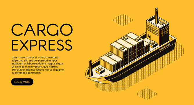 Ship delivery vector illustration of thin line art in black isometric halftone style. Maritime transport cargo logistics technology of boat shipping containers and parcel boxes on yellow background