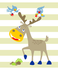 Vector illustration of  nice deer with birds cartoon