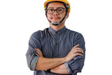 Asian engineers man with hard hat and crossed arms on white background