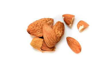 Almonds peel and cut half On a white background
