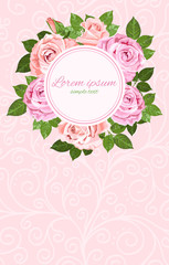 Pink and beige roses wreath round frame
