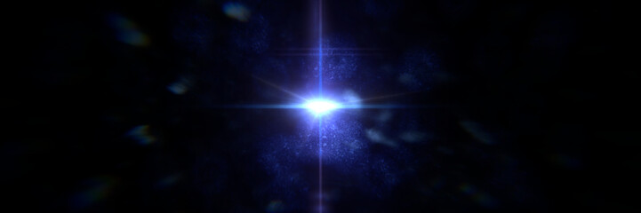 intense blue lens flare effect overlay texture banner with bokeh effect and light streak in front of a black background