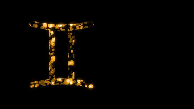Zodiac constellation bokeh light pattern design illustration gold color isolated on black background, seamless looping animation 4K with copy space