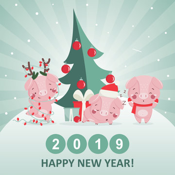 Happy new year greeting card with cute pig. Chinese symbol of the 2019 year. Design for print, poster, invitation, t-shirt. Vector illustration.