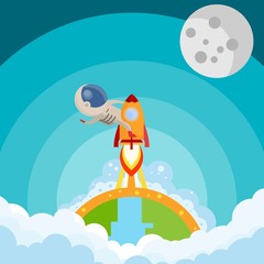 Obraz na płótnie Canvas Rocket launch and smoke through cloud into moon and space. Startup - flat design. Vector illustration.