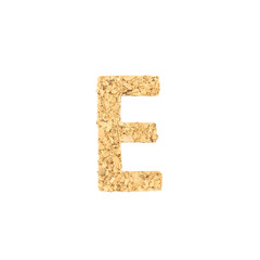 Closeup cork wood in E alphabet isolated on white background