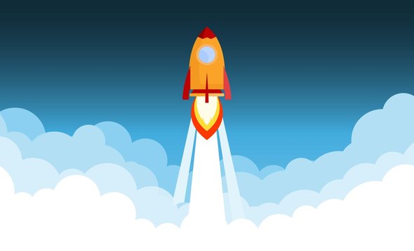 Rocket launch and smoke through cloud into space. Startup - flat design. Vector illustration.