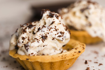 Fototapeta na wymiar Vanilla ice cream with chocolate chips - straciatella. Fresh, sorbet