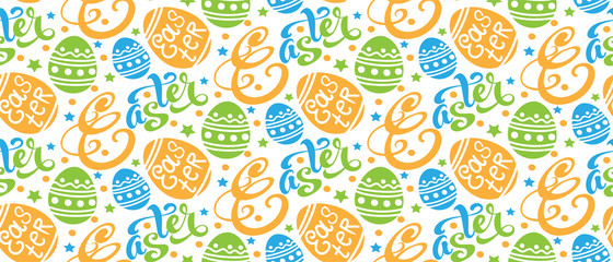 Easter background pattern texture with easter eggs and text, seamless pattern for your design Vector illustration