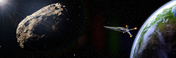 rocket intercepting meteoroid in orbit of planet Earth, near Earth asteroid space mission
