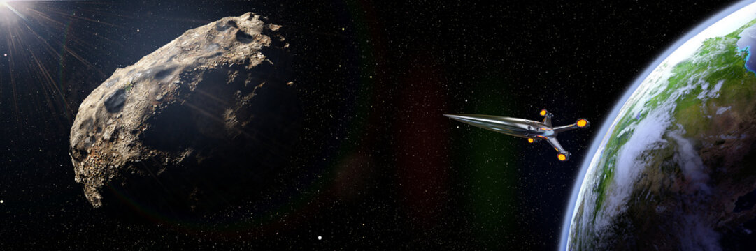 Rocket Intercepting Meteoroid In Orbit Of Planet Earth, Near Earth Asteroid Space Mission