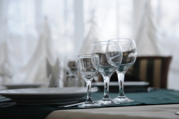 Different types of glasses for wine on wooden table