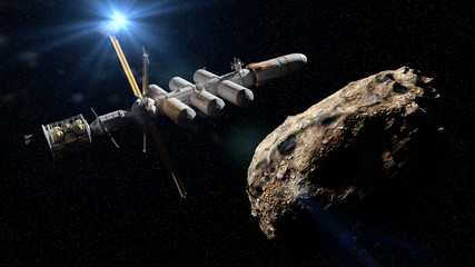 spaceship approaching asteroid, dwarf planet mission, deep space exploration - obrazy, fototapety, plakaty