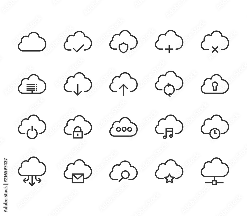 Poster simple set of computer cloud related vector line icons. contains such icons as data synchronisation,