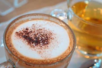 Cappuccino coffee cup and tea,Hot coffee in white mug,hot tea