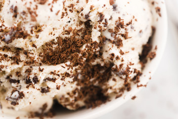 Vanilla ice cream with chocolate chips - straciatella. Fresh, sorbet