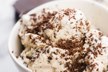 Vanilla ice cream with chocolate chips - straciatella. Fresh, sorbet