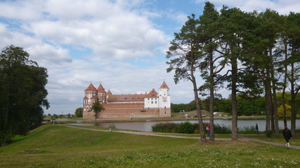 Fototapeta na wymiar view from behind a tree on a red and white stone castle with a lake