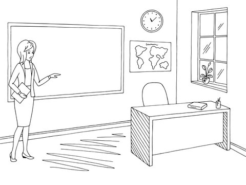 Classroom graphic black white school interior sketch illustration vector. Teacher is showing on the blackboard