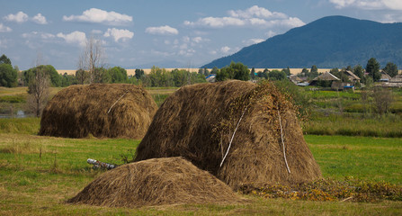 haystack in a green field against a village, mountain and sky with white clouds