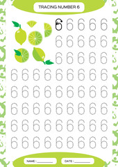 Number 6. Six . Tracing Worksheet for kids. . Green juicy lime. Preschool worksheet, practicing motor skills - tracing dashed lines. A4 green.