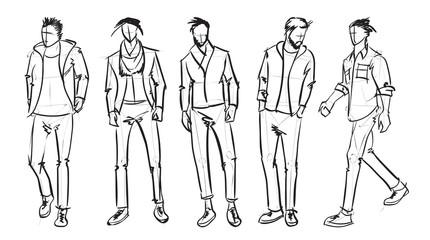 Fashion man. Set of fashionable men's sketches on a white background. Spring men.