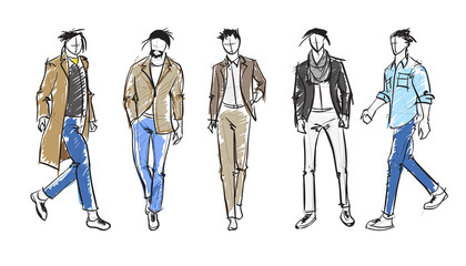 Fashion man. Set of fashionable men's sketches on a white background.