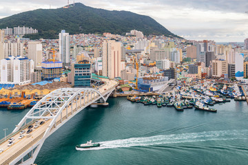 Busandaegyo Bridge and the Port of Busan in South Korea