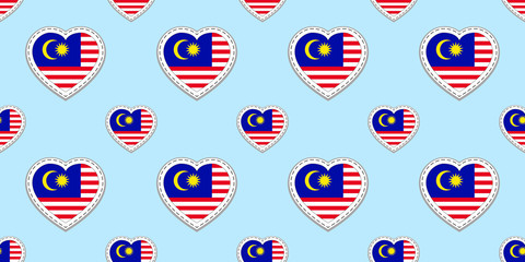 Malaysia background. Malaysian flag seamless pattern. Vector stikers. Love hearts symbols. Good choice for sports pages, travel, geographic, cartographic design element. patriotic wallpaper