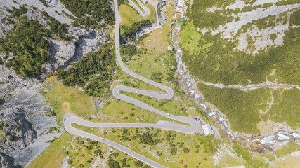 Road to the Stelvio mountain pass in Italy. Up and down amazing aerial view of the mountain bends creating beautiful shapes