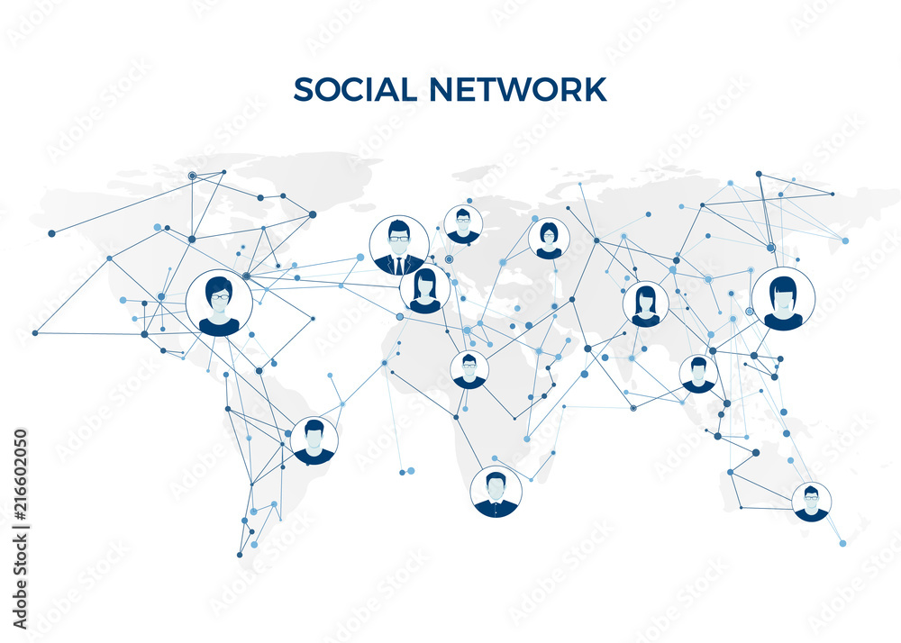 Poster social media. graphic global network connection. social network structure on world map. vector illus