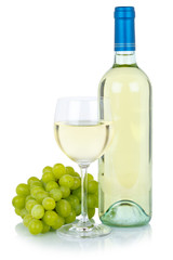 White wine bottle glass alcohol beverage grapes isolated
