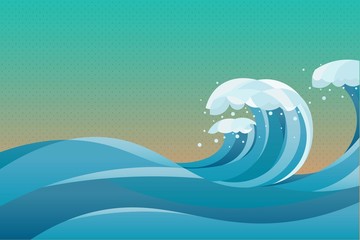 Fototapeta na wymiar high tide sea water waves Background. illustration of waves in the rising blue sea, with green yellow background.
