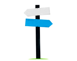 Signboard / guide post Made of wood, painted in white and blue isolated on white background, with clipping path