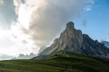 Impression of the Passo di Giau, in landscape orientation, during sunset.