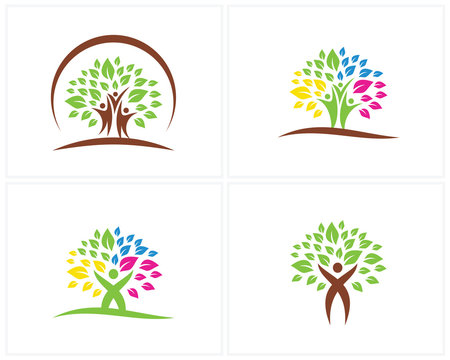 Set of Trees with People logo design template, Movement logo design Vector