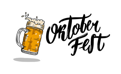 Oktoberfest hand drawn vector lettering and beer glass. Modern brush calligraphy.