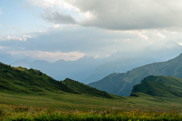 Landscape shot at the Passo di Giau, in the the Italian Dolomites, during the Golden Hour.