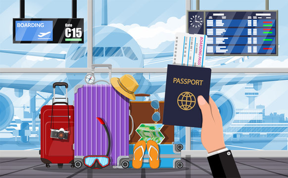 International airport. Hand of traveler with passport. Travel suitcase. Plane before takeoff. Airport control tower terminal building cityscape. Sky with clouds and sun. Vector illustration flat style