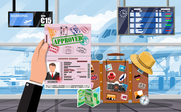 International airport concept. Hand with passport. Travel suitcase with stickers of countrys and citys all over the world. Airport terminal and aircraft. Cityscape. Vector illustration flat style