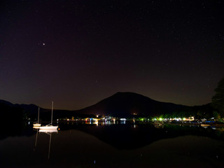 夜の湖畔にて、山のシルエットと星座、街灯りが湖面に映る。