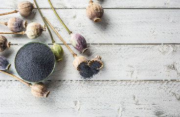 Poppy seed with their heads on wooden boards