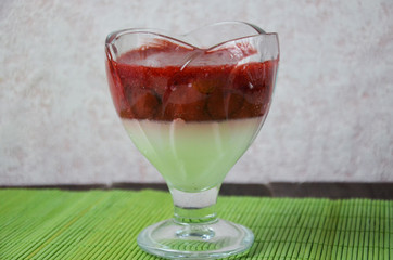Italian dessert panna cotta with fresh strawberries or yogurt or pudding on a green napkin